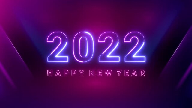 2022 happy new year glowing neon light texts on dark futuristic purple background