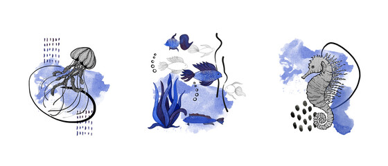 Abstract marine card of linear and silver sea animals set. Underwater animals and plant isolated on white background. Aquatic illustration for design, print or background.