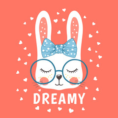 Cute bunny girl. Dreamy little rabbit. Vector illustration for t-shirt graphics, fashion prints and other uses