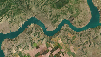 Columbia River meanders and Lake Roosevelt National Recreation Area, looking down aerial view from...