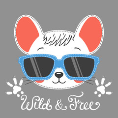 Cool mouse boy face with sunglasses, footprint. Wild and Free slogan. Vector illustration for children print design, kids t-shirt, baby wear