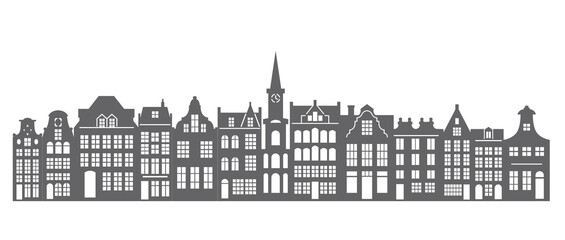Silhouette of a row Amsterdam houses. Facades of European old buildings for Christmas decoration. Holland homes. Vector - obrazy, fototapety, plakaty