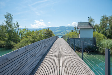 footbridge at tourist resort rapperswil, lake obersee and zurichsee switzerland