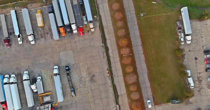 11 December 2021 Denham Springs Louisiana US: Aerial view of transportation station with truck stop near interstate highway on parking, cargo transportation