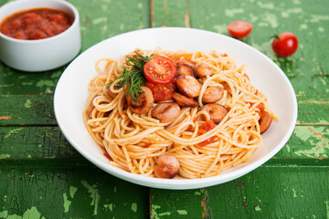 Pasta with sausages and tomato sauce on a rustic background