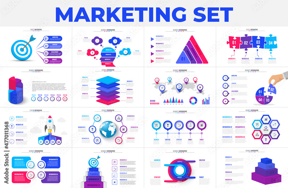Aufkleber Set of infographic presentation slides. Puzzles, target, goal, rocket, arrows, flowchart and circle diagrams. Vector illustration for business data visualization.