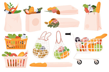 Grocery food products set vector illustration. Cartoon paper bag, basket and supermarket cart full of goods purchases, healthy fruits, bread and vegetables, ingredients for cooking isolated on white