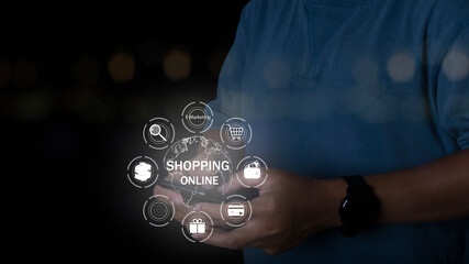 Man using mobile smartphone online shopping, Online payment. E-commerce, with internet web icons, internet of things IOT, omnichannel or multichannel marketing concept.