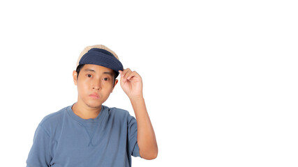 Portrait man wear cap and blue shirt isolated on white background.