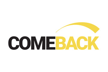 Modern, simple, bold typographic design of a saying "Come Back" in yellow and black colors. Cool, urban, trendy and playful graphic vector art