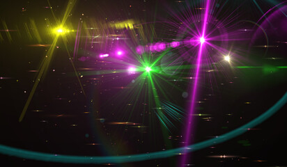 Neon lights with rays and stars on black background. Beautiful colored illustration.