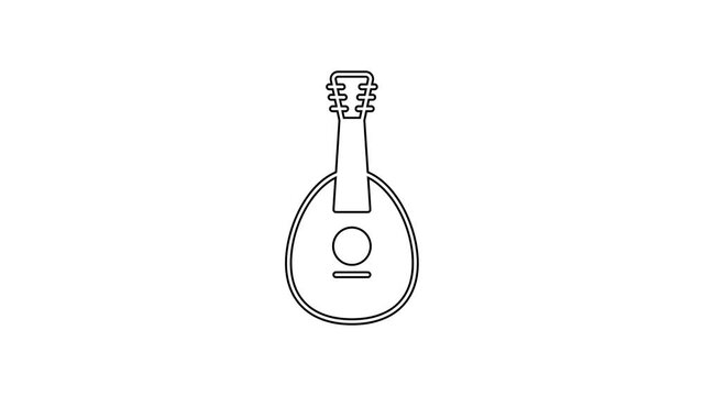Black line Traditional musical instrument mandolin icon isolated on white background. 4K Video motion graphic animation