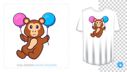 Cute monkey character. Prints on T-shirts, sweatshirts, cases for mobile phones, souvenirs. Isolated vector illustration on white background.