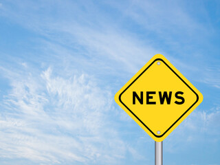 Yellow transportation sign with word news on blue color sky background