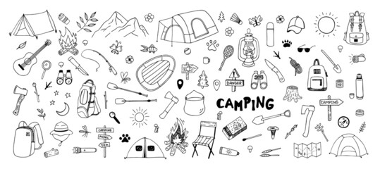 Big hand drawn camping set. Vector doodle cliparts. Travel design. - obrazy, fototapety, plakaty