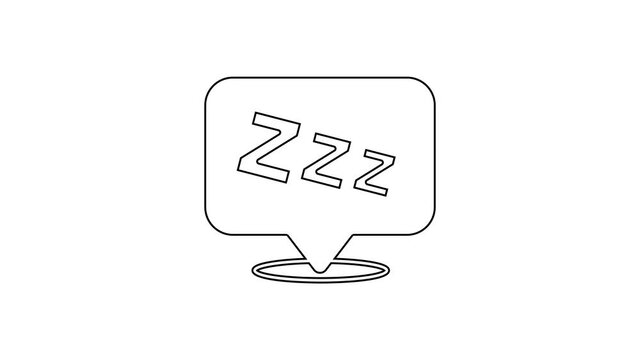 Black line Sleepy icon isolated on white background. Sleepy zzz talk bubble. 4K Video motion graphic animation
