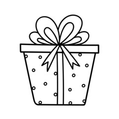 Holiday gift with a large bow and ribbon isolated on white background. Vector hand-drawn illustration in doodle style. Perfect for birthday and Christmas designs, cards, decorations, logo.