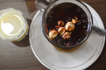 Traditional Indonesian drink called Wedang Uwuh is a drink containing herbs and spices and is served unfiltered