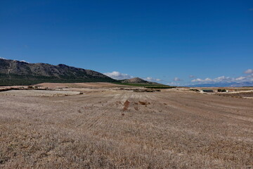 Montagnes et champs cultivés. Andalousie. Espagne.