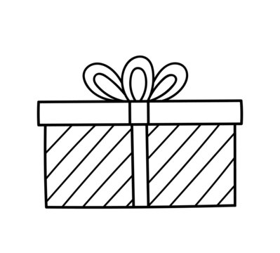 Gift box with festive ribbon and a bow isolated on white background. Vector hand-drawn illustration in doodle style. Perfect for holiday and Christmas designs, cards, decorations, logo.