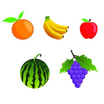 set of colorful fresh cartoon fruits icons. Orange, banana, apple, watermelon and grape. vector illustration on white background
