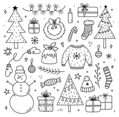 Cute set of winter doodles - Christmas trees, wreath, gifts, snowman, bauble, ugly sweater, garland, warm clothes. Vector cartoon hand-drawn illustration. Perfect for holiday designs, card, invitation