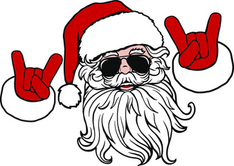 Hipster Santa Claus with Stylish beard and hip sunglasses. Cheeky Santa Claus with rock n roll gesture. Hipster Santa Claus shows swag gesture. Christmas vector illustration.