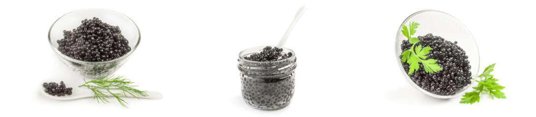 Collage of black fish eggs on a white background