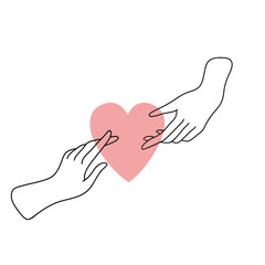 Two hands reaching for each other. Couple in love. Hands and heart. Happy Valentine's day. World Heart Day. Outline hands. Flat design.