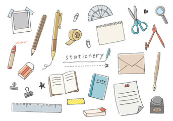 文房具の手描きイラストセット（カラー）