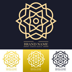 Simple luxury round floral logo design in gold color with trendy linear or line art mandala concept. Vector illustration template for hotel, Spa, Restaurant, VIP, Fashion and Premium brand identity.