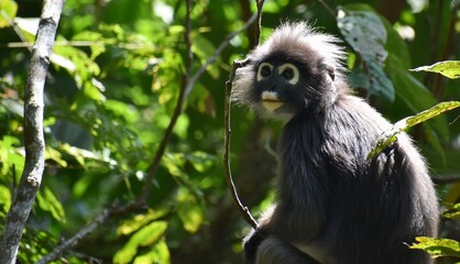 Cute langur monkey sitting in a tree in the jungle