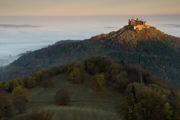Fototapeta na wymiar Hohenzollernburg view with fog in the valley