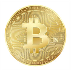 Realistic 3d golden bitcoin. Crypto currency golden coin bitcoin symbol for fintech network banking and blockchain. isolated vector illustration on white background. internet finance coins