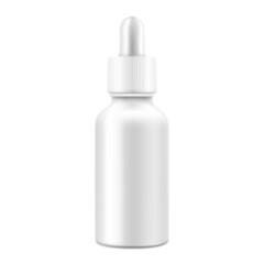 Glossy white nasal dropper bottle, isolated on white background. Medical containers. Realistic packaging mockup template. 3d Vector illustration.