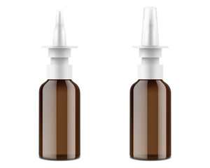Amber Glass Nasal Spray Bottle. Realistic medical containers, packaging mockup template. 3d vector illustration - obrazy, fototapety, plakaty