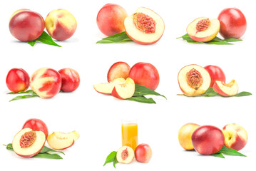 Collage of ripe peaches isolated on a white background