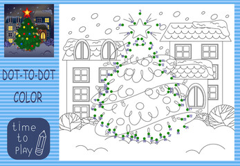 children's developing game. connect the dots by numbers. coloring. Christmas decorated fir tree standing in the snow.