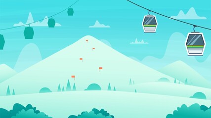 Snow covered mountain with ski track red flags. Vector illustration.