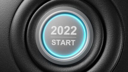 Start 2022. Happy New Year button. 3D illustration