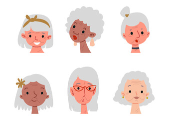 Set of cartoon elderly lady. Portrait of older women with different skin colors and identities. Vector avatar of cute girls with gray hair. Happy face.