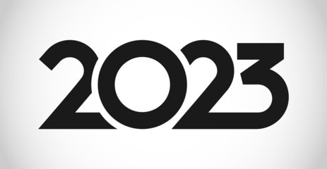 A Happy New Year 2023 congrats. Creative typography. Simple logotype concept. Abstract isolated graphic design template. Digits in monochrome style. Vector mask idea with black and white colours.