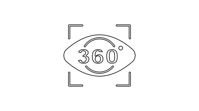 Black line 360 degree view icon isolated on white background. Virtual reality. Angle 360 degree camera. Panorama photo. 4K Video motion graphic animation
