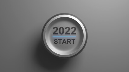 Start 2022. Happy New Year button. 3D illustration