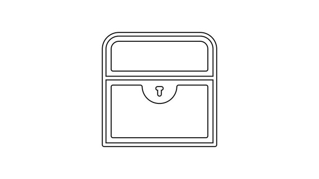Black line Antique treasure chest icon isolated on white background. Vintage wooden chest with golden coin. 4K Video motion graphic animation
