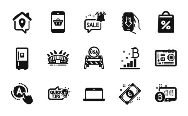 Vector set of Refrigerator, Shopping bag and Bitcoin graph icons simple set. Bitcoin system, Motherboard and Ab testing icons. Smartphone buying, Arena stadium and Work home signs. Vector