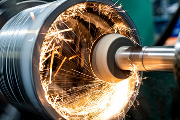 Sparks are emitted while grinding the inner cylindrical part in a circle on the machine. - obrazy, fototapety, plakaty