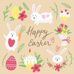 Vector Easter collection with rabbits, eggs and cakes