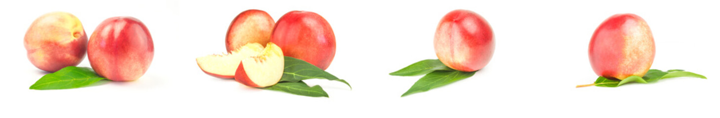 Collection of ripe peaches isolated on a white background