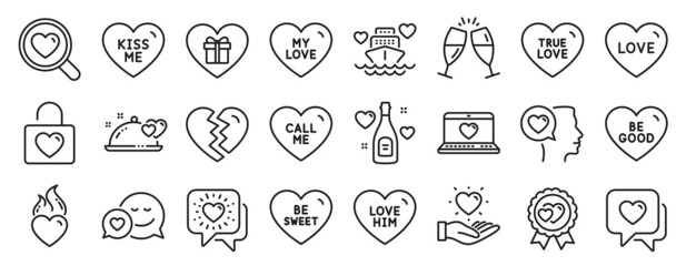 Set of Love icons, such as Honeymoon cruise, Kiss me, Love icons. Heart flame, Be sweet, Love him signs. Hold heart, Wedding locker, Romantic talk. Champagne glasses, Romantic dinner. Vector